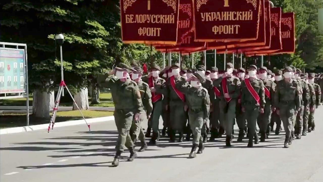 Soldiers wear masks as Russia holds 75th Victory Day Parade rehearsal