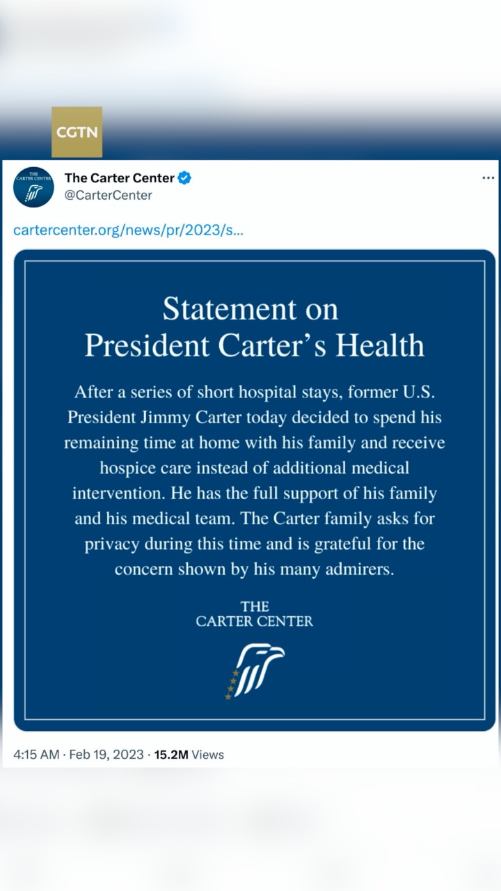 Former U.S. president Jimmy Carter receiving home hospice care CGTN