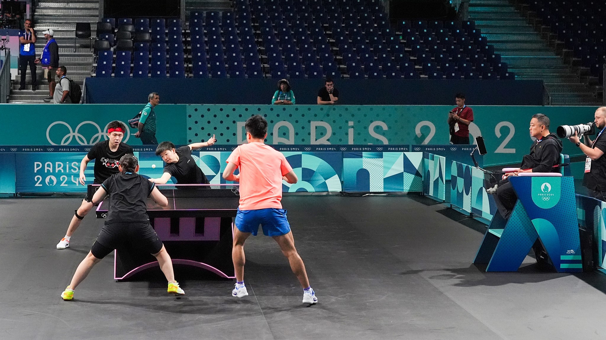 Chinese table tennis players practice at venue ahead of 2024 Olympics