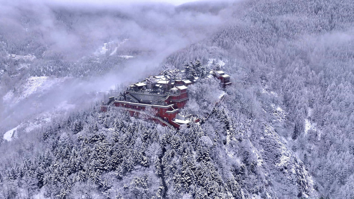 First snow paints Mount Wutai in shades of serenity