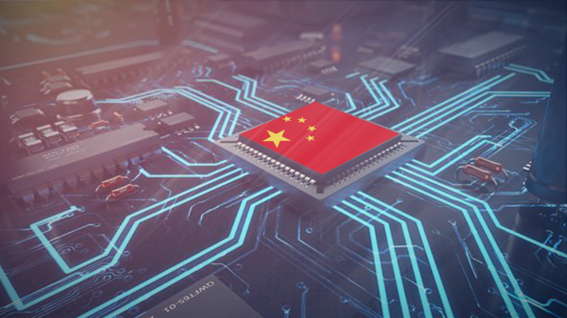  A computer chip with the Chinese flag on it, representing the country's initiative to develop its own AI chips.